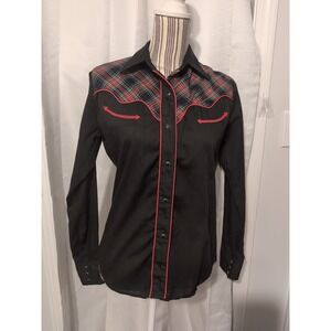 Vtg Ely Plains Women's Black Pearl Snap Western Shirt Sz 13/14 Red Trim Plaid